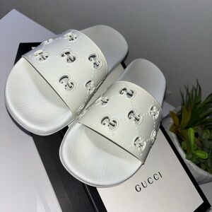 Gucci Embossed White Slide Sandals